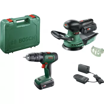 Bosch DIY -sarja UniversalImpact 18V + AdvancedOrbit 18V, 2x 2,0Ah Li-Ion -akku, akkuiskuporakone + akku-epäkeskushiomakone, vihreä (06039D410A)