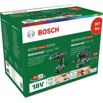Bosch DIY -sarja UniversalImpact 18V + AdvancedOrbit 18V, 2x 2,0Ah Li-Ion -akku, akkuiskuporakone + akku-epäkeskushiomakone, vihreä (06039D410A)