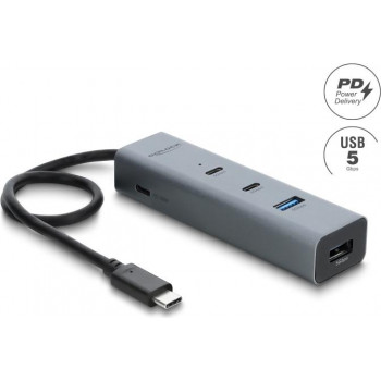 Delock 4 portin USB 5 Gbps -keskitin USB Type-C™ -pistokkeella 2 x USB Type-A -liitäntään + 2 x USB Type-C™ -liitäntään ja PD 100 W (64378)