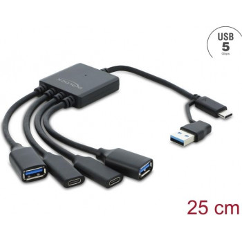 Delock 4 portin USB 5 Gbps -kaapelikeskitin USB Type-C™- tai USB Type-A -pistokkeella 2 x USB Type-A -liitäntään + 2 x USB Type-C™ -liitäntään - 25 cm (64375)