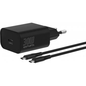 4smarts VoltPlug PD 30W seinälaturi, 1x USB-C, USB-C-kaapelilla 1,5 m, musta
