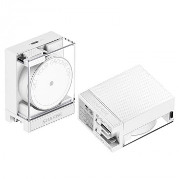 SHARGE sisäänvedettävä 65 GaN laturi, 65W, 2x USB-C, integroitu USB-C-kaapeli – valkoinen