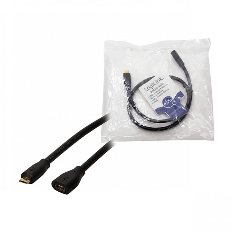 LogiLink CU0120 USB 2.0 jatkokaapeli, Micro-USB B uros Micro-USB B naaras, 0,5 m, musta