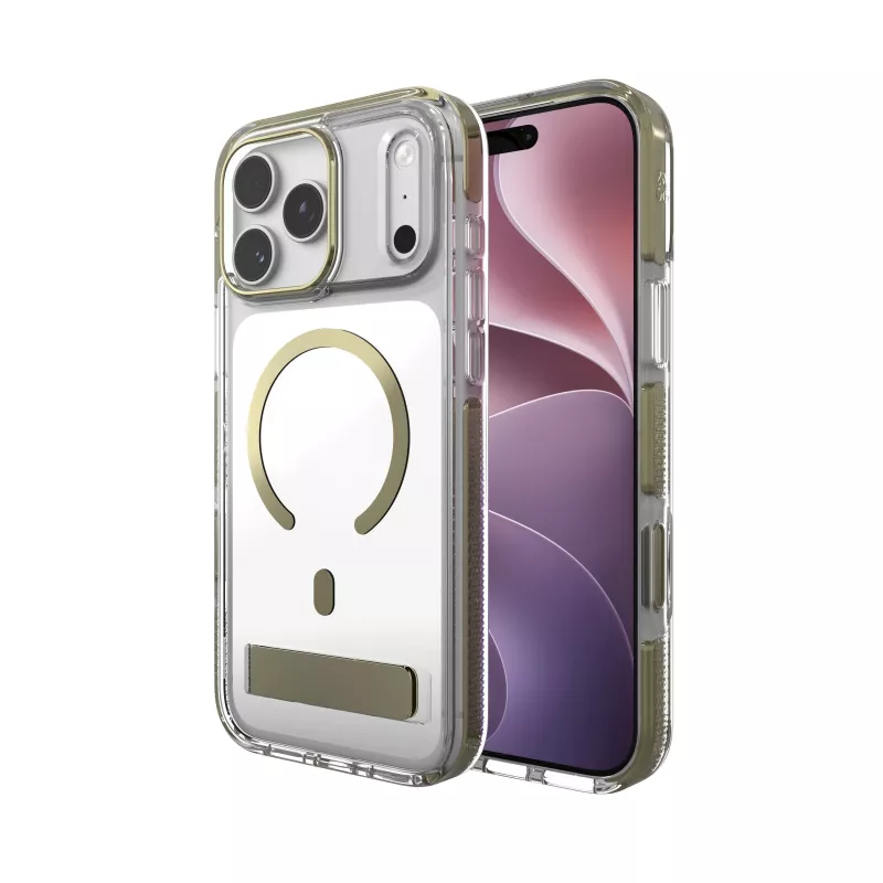 Zagg Santa Cruz Snap Metallic kuori jalustalla iPhone 18 Pro Max / 17 Pro Max, kulta