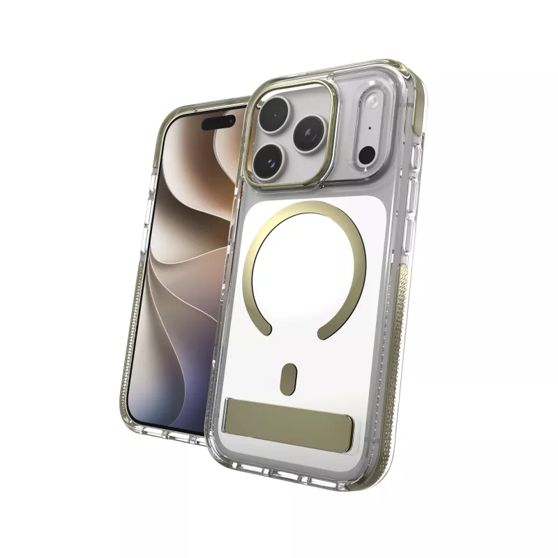 Zagg Santa Cruz Snap Metallic kuori jalustalla iPhone 18 Pro / 17 Pro, kulta