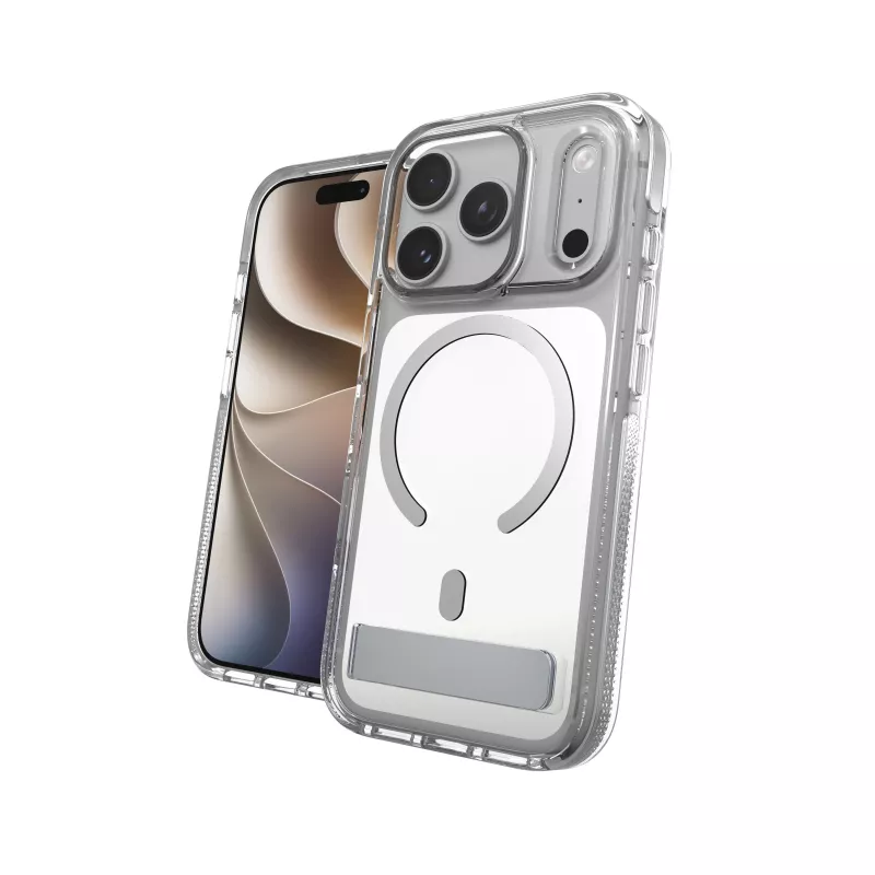 Zagg Santa Cruz Snap Metallic kuori jalustalla iPhone 18 Pro / 17 Pro, hopea