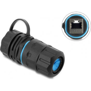 Delock kaapeliliitin RJ45 naaras - RJ45 naaras Cat.6A M23.5 x 1.5 mm kierteellä ja korkilla, kotelo IP68 pöly- ja vesitiivis (91841)