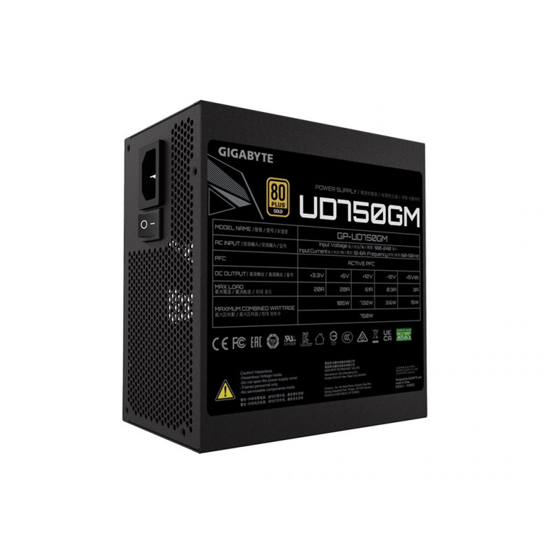 GIGABYTE UD750GM 750W ATX virtalähde, 80+ Gold, täysmodulaarinen