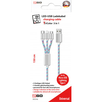 2GO USB-kaapeli USB-B – USB-C/Micro-USB-B/Lightning, 1,5 m, monivärinen