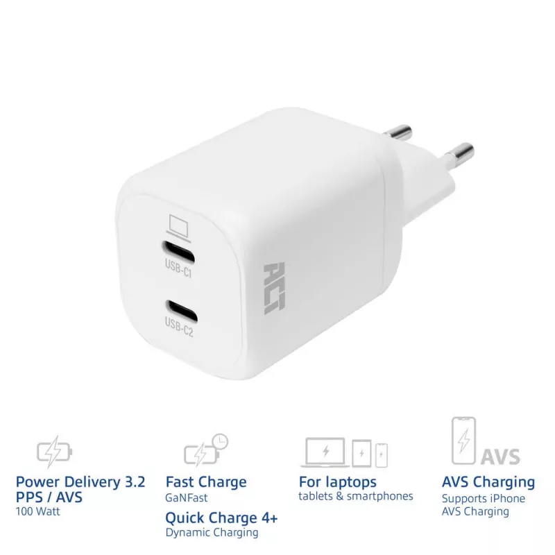 ACT USB-C laturi 100W 2-porttinen Power Delivery 3.2, PPS, AVS, QuickCharge ja GaNFast