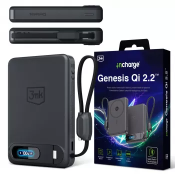3mk incharge Genesis Qi2 25W langaton laturi + PD 45W integroidulla USB-C-kaapelilla, musta