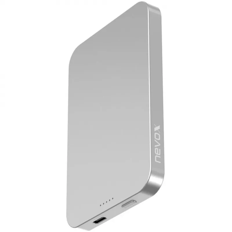 Nevox magneettinen langaton varavirtalähde Qi2, 5 000 mAh, hopea/valkoinen