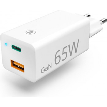 Hama laturi GaN, USB-C Power Delivery (PD) + USB-A QC3.0, 65W, valkoinen