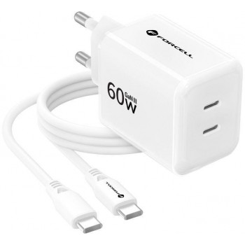 Forcell F-Energy GaN III Crystal Color VT-60 60W PD QC 4.0 2x USB-C seinälaturi valkoinen + kaapeli