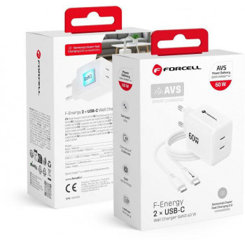 Forcell F-Energy GaN III Crystal Color VT-60 60W PD QC 4.0 2x USB-C seinälaturi valkoinen + kaapeli