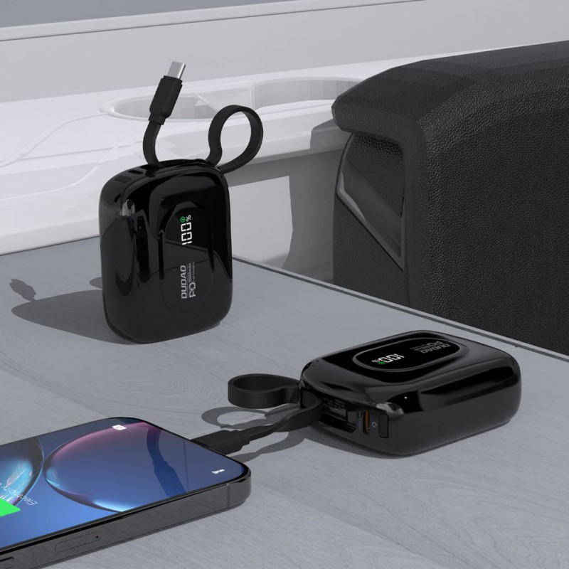 Dudao K32 varavirtalähde 22,5 W 10000 mAh integroidulla USB-C-/Lightning-kaapelilla – musta