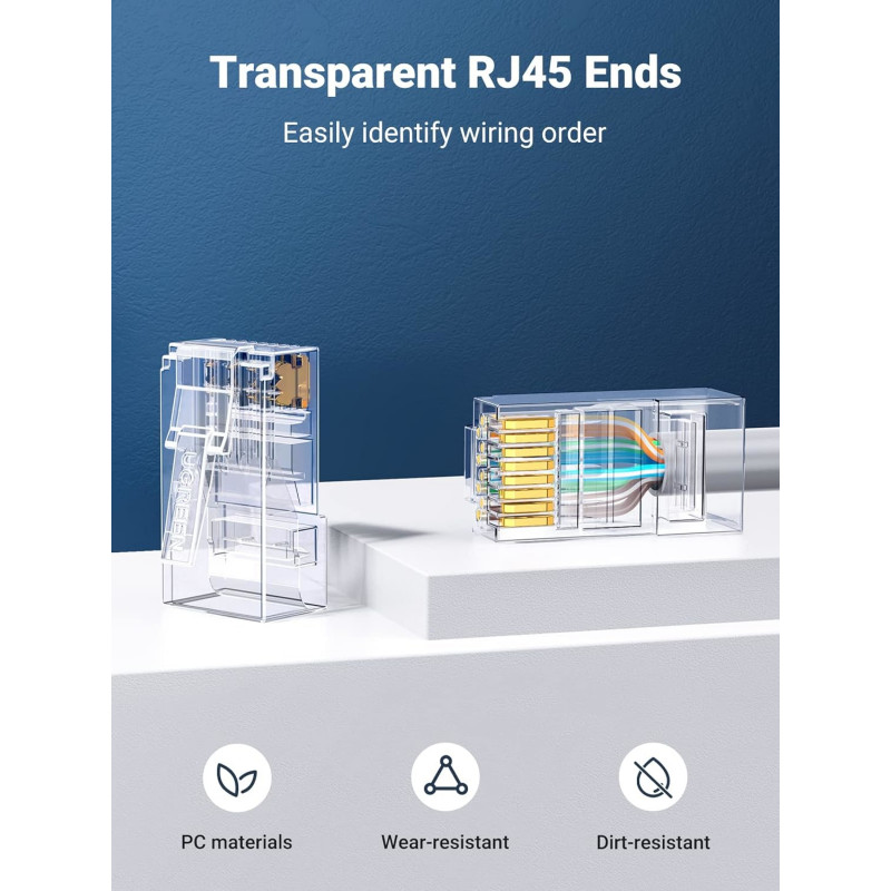 UGREEN Cat6 RJ45 modulaariliitin (50 kpl) – läpinäkyvä kultakontakteilla