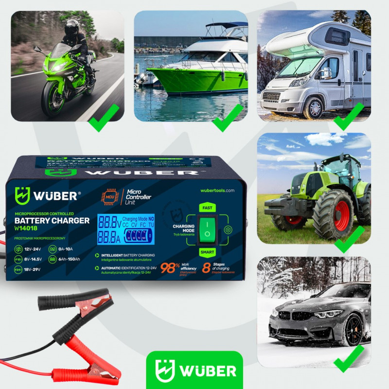 Wuber W14018 mikroprosessori-autonakkulaturi, 10 A, 6-150 Ah, 2-24 V