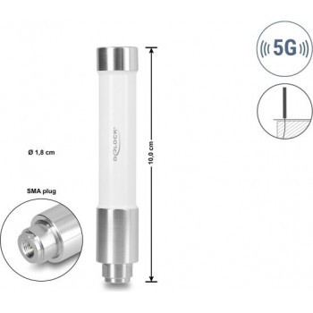 Delock 5G 3700 - 4200 MHz antenni SMA-pistoke 3 dBi ympärisäteilevä kiinteä ulkokäyttöön valkoinen 10 cm