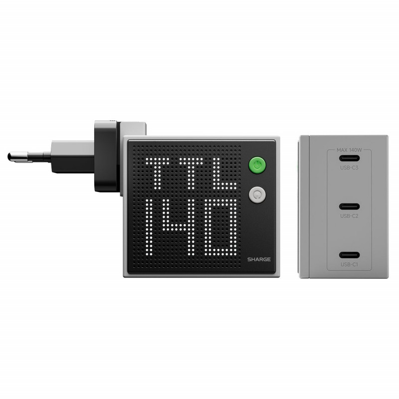 SHARGE Pixel 140 GaN-laturi, 140W, 3x USB-C, Dot-Matrix-näyttö - harmaa