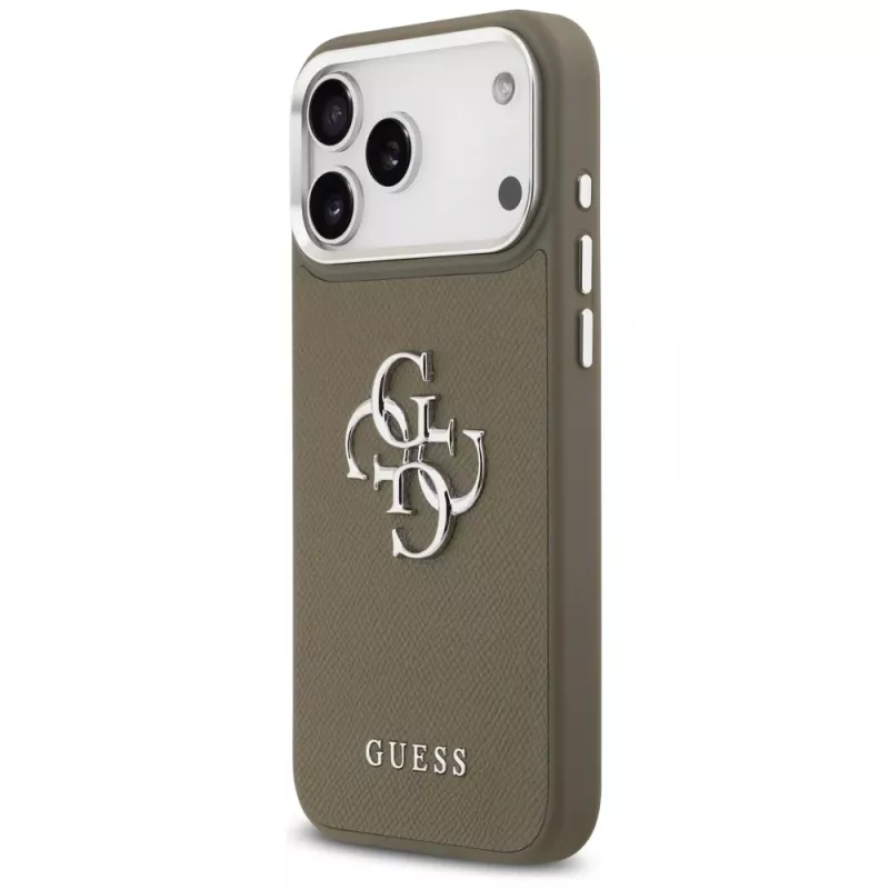 Guess Grained Big 4G Classic Logo -kuori iPhone 17 Pro Max -puhelimelle (ruskea)