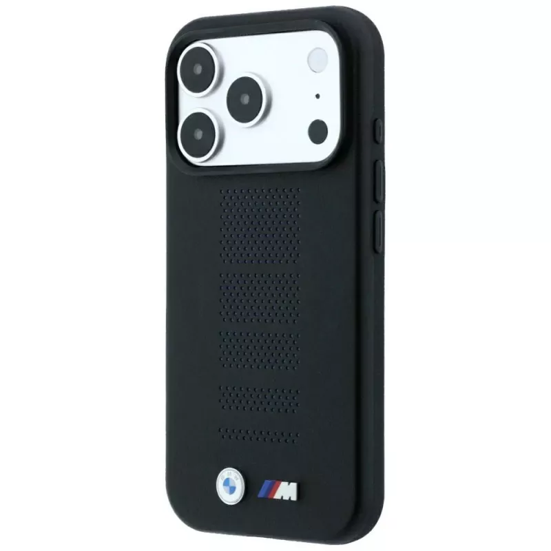 BMW M Blue Perfo Metal Logo MagSafe -kotelo iPhone 18 Pro / 17 Pro -puhelimelle, musta
