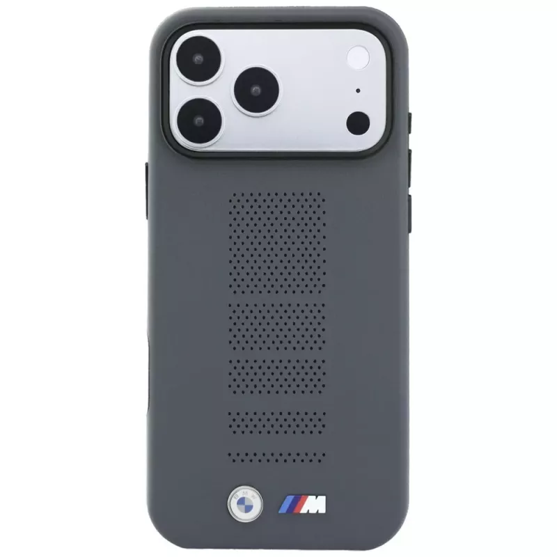BMW M Blue Perfo Metal Logo MagSafe -kotelo iPhone 18 Pro / 17 Pro -puhelimelle, harmaa