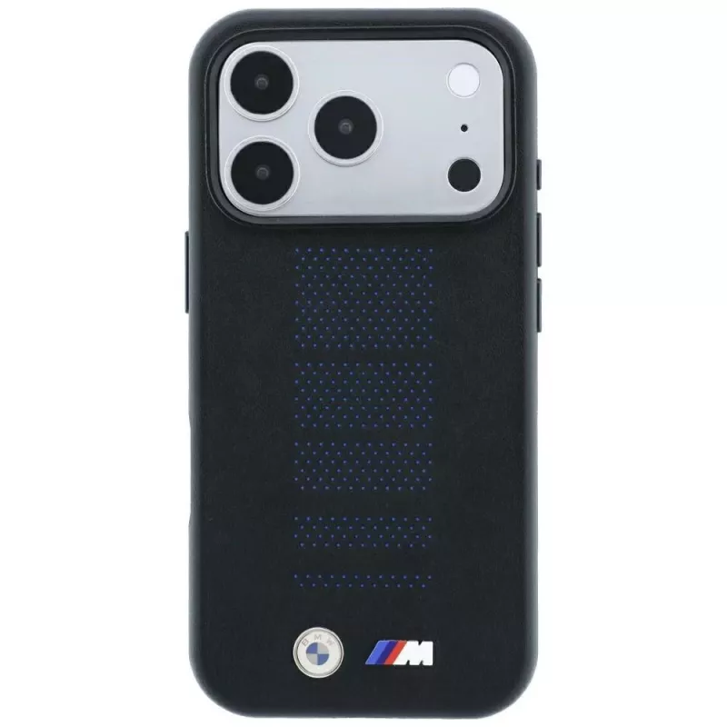 BMW M Blue Perfo Metal Logo MagSafe -kotelo iPhone 18 Pro Max / 17 Pro Max -puhelimelle, musta