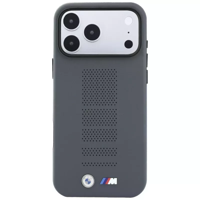 BMW M Blue Perfo Metal Logo MagSafe -kotelo iPhone 18 Pro Max / 17 Pro Max -puhelimelle, harmaa