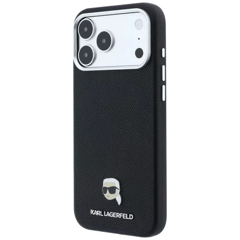 Karl Lagerfeld Genarbte Karl Head Metall MagSafe -kotelo iPhone 18 Pro Max / 17 Pro Max -puhelimelle, musta