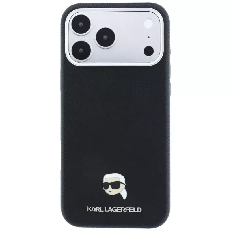 Karl Lagerfeld Genarbte Karl Head Metall MagSafe -kotelo iPhone 18 Pro Max / 17 Pro Max -puhelimelle, musta