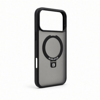 Evelatus Shield -kotelo MagSafe-tuella ja jalustalla Apple iPhone 18 Pro Max, mattarengas, musta