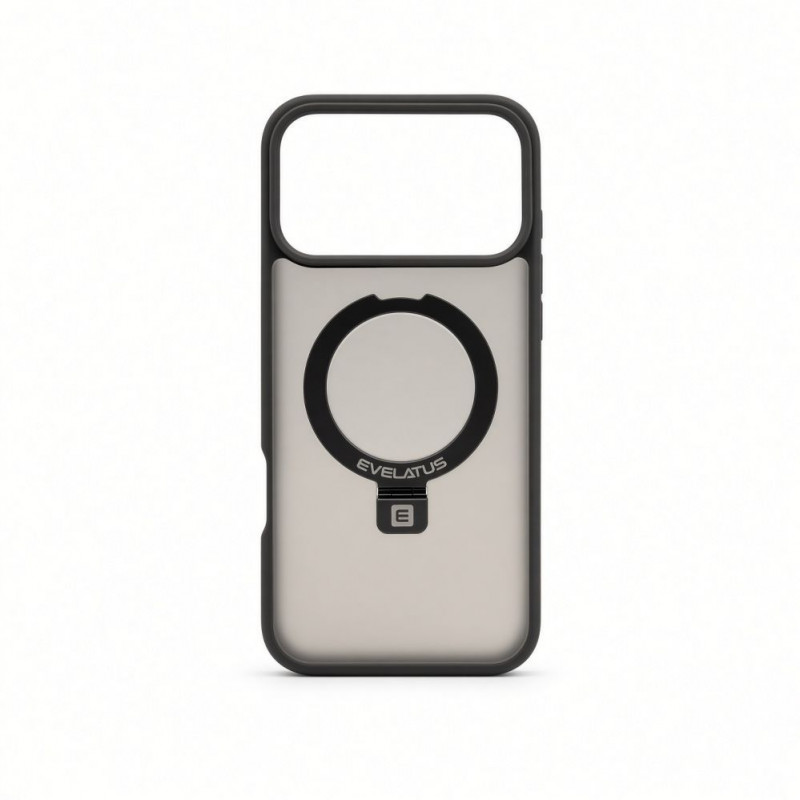 Evelatus Shield -kotelo MagSafe-tuella ja jalustalla Apple iPhone 18 Pro Max, mattarengas, savunharmaa
