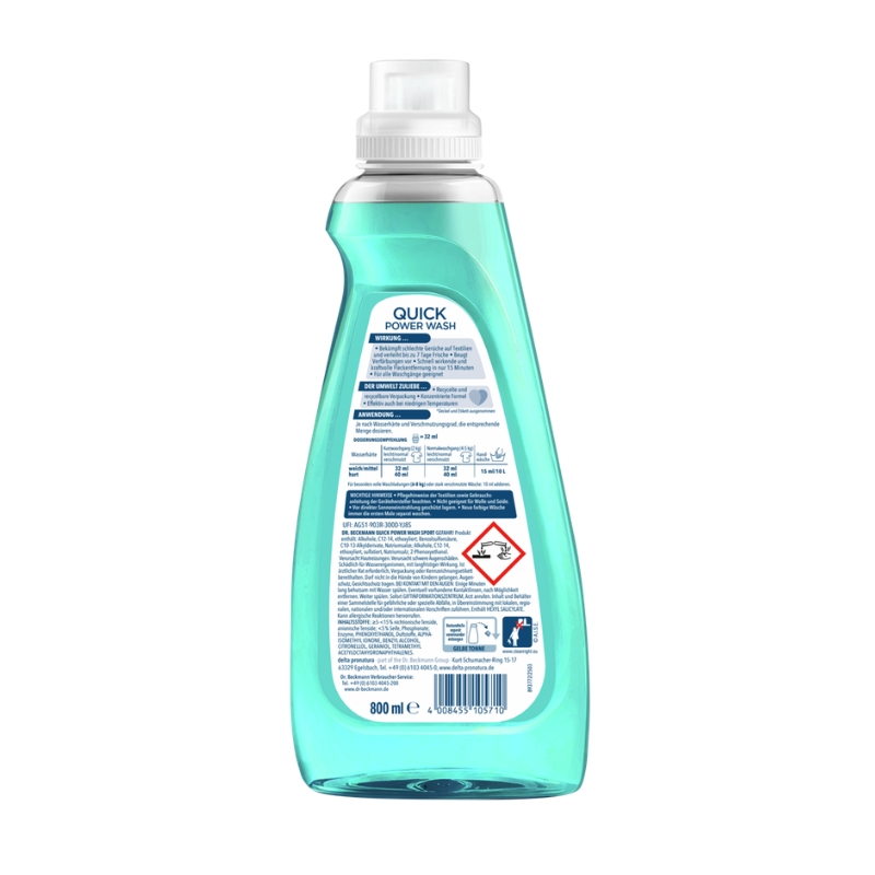 Dr.Beckmann Quick Power Wash Odour Protect Sport nestemäinen pesuaine, 800 ml