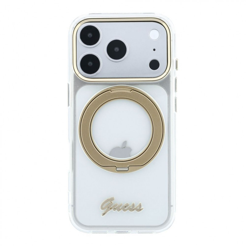 Guess HC MagSafe IML Ring Stand 360 Script Metal Logo -kotelo Apple iPhone 18 Pro, läpinäkyvä