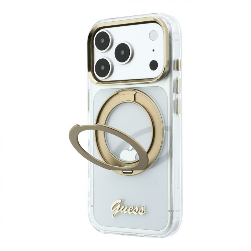 Guess HC MagSafe IML Ring Stand 360 Script Metal Logo -kotelo Apple iPhone 18 Pro, läpinäkyvä