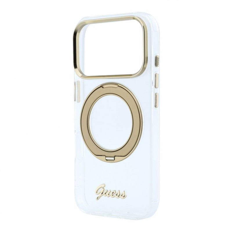 Guess HC MagSafe IML Ring Stand 360 Script Metal Logo -kotelo Apple iPhone 18 Pro, läpinäkyvä