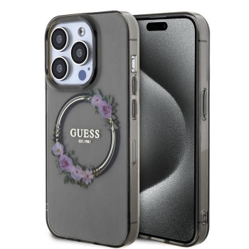 Guess PC/TPU Flowers Ring Glossy Logo MagSafe kotelo Apple iPhone 15 Pro, läpinäkyvä musta (GUHMP15LHFWFCK)
