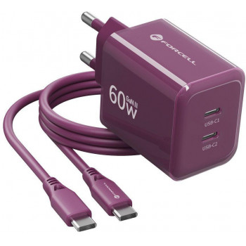 Forcell F-Energy GaN III VT-60 60W PD QC 4.0+ 2x USB-C viininpunainen virtalähde + USB-C-kaapeli