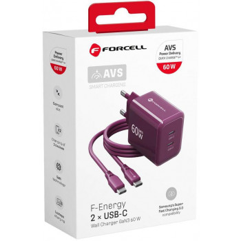 Forcell F-Energy GaN III VT-60 60W PD QC 4.0+ 2x USB-C viininpunainen virtalähde + USB-C-kaapeli
