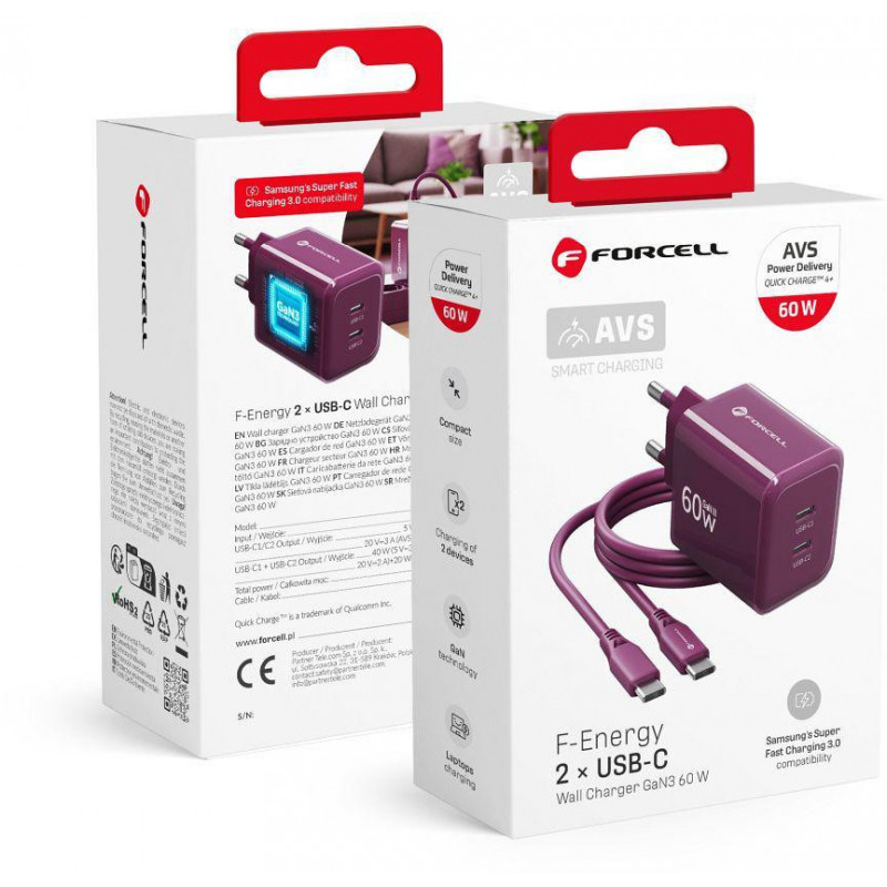 Forcell F-Energy GaN III VT-60 60W PD QC 4.0+ 2x USB-C viininpunainen virtalähde + USB-C-kaapeli