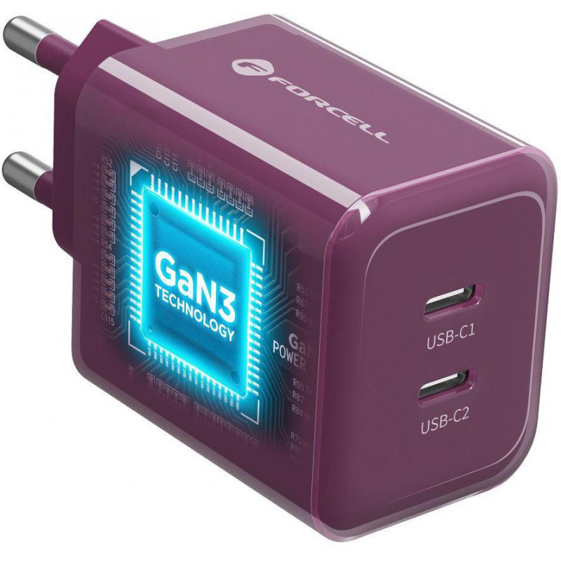 Forcell F-Energy GaN III VT-60 60W PD QC 4.0+ 2x USB-C viininpunainen virtalähde + USB-C-kaapeli