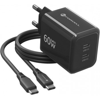 Forcell F-Energy GaN III VT-60 60W PD QC 4.0+ 2x USB-C virtalähde musta + USB-C-kaapeli