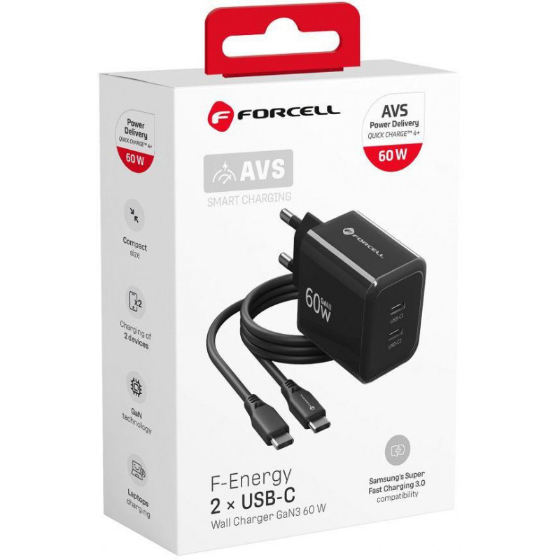 Forcell F-Energy GaN III VT-60 60W PD QC 4.0+ 2x USB-C virtalähde musta + USB-C-kaapeli