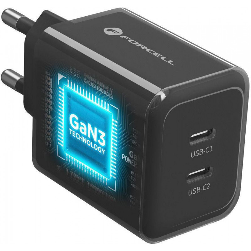Forcell F-Energy GaN III VT-60 60W PD QC 4.0+ 2x USB-C virtalähde musta + USB-C-kaapeli