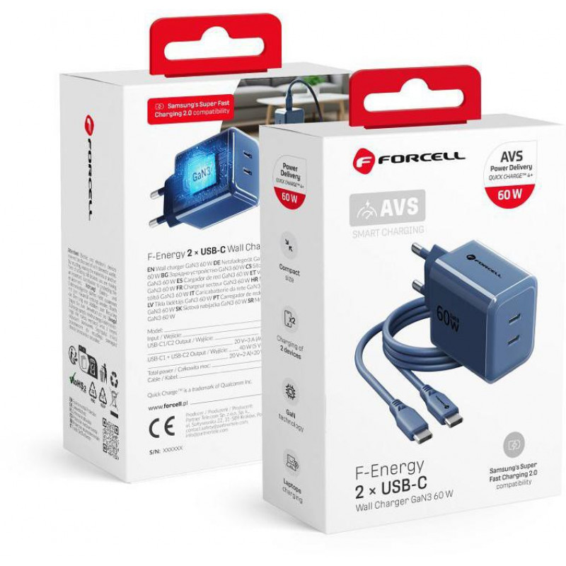 Forcell F-Energy GaN III VT-60 60W PD QC 4.0+ 2x USB-C virtalähde laivastonsininen + USB-C-kaapeli