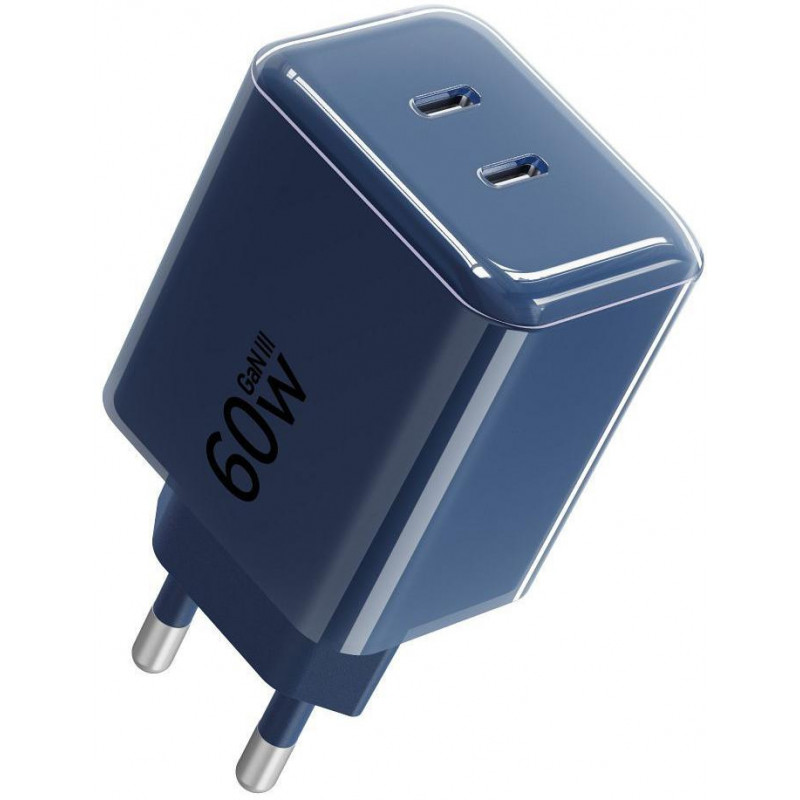 Forcell F-Energy GaN III VT-60 60W PD QC 4.0+ 2x USB-C virtalähde laivastonsininen + USB-C-kaapeli