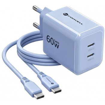 Forcell F-Energy GaN III VT-60 60W PD QC 4.0+ 2x USB-C virtalähde sininen + USB-C-kaapeli