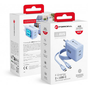 Forcell F-Energy GaN III VT-60 60W PD QC 4.0+ 2x USB-C virtalähde sininen + USB-C-kaapeli