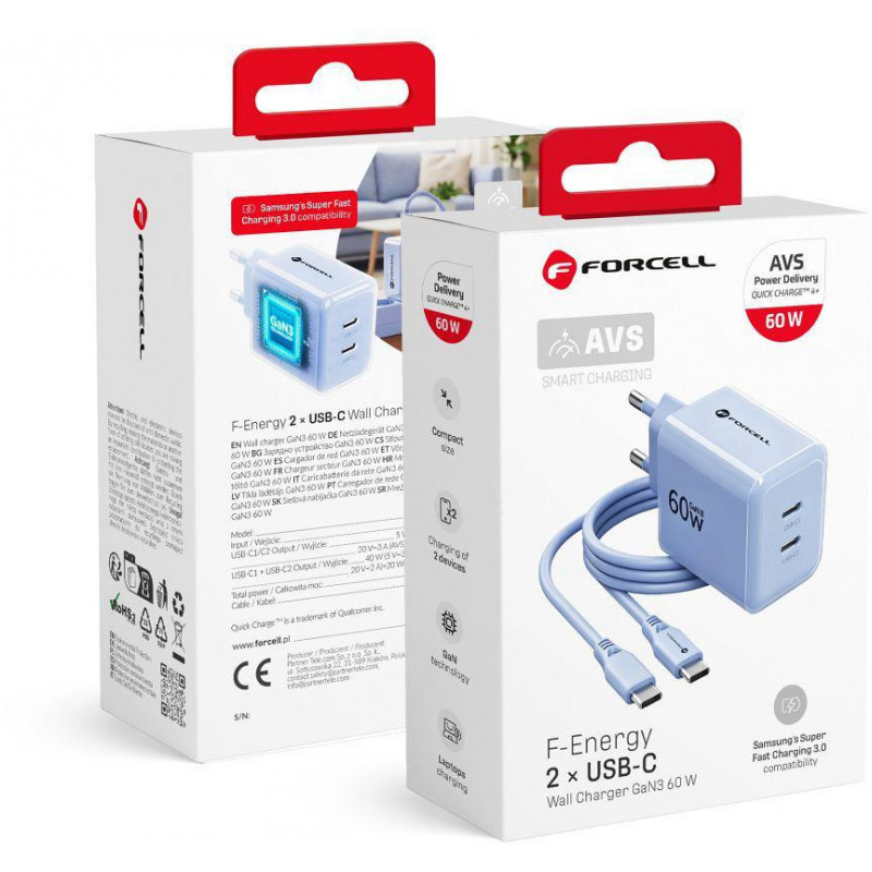 Forcell F-Energy GaN III VT-60 60W PD QC 4.0+ 2x USB-C virtalähde sininen + USB-C-kaapeli